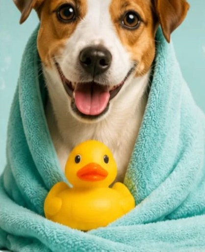 Cachorro feliz enrolado em toalha depois do banho