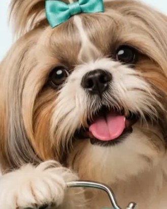 Shih tzu de pelagem longa e escovada com lacinho turquesa
